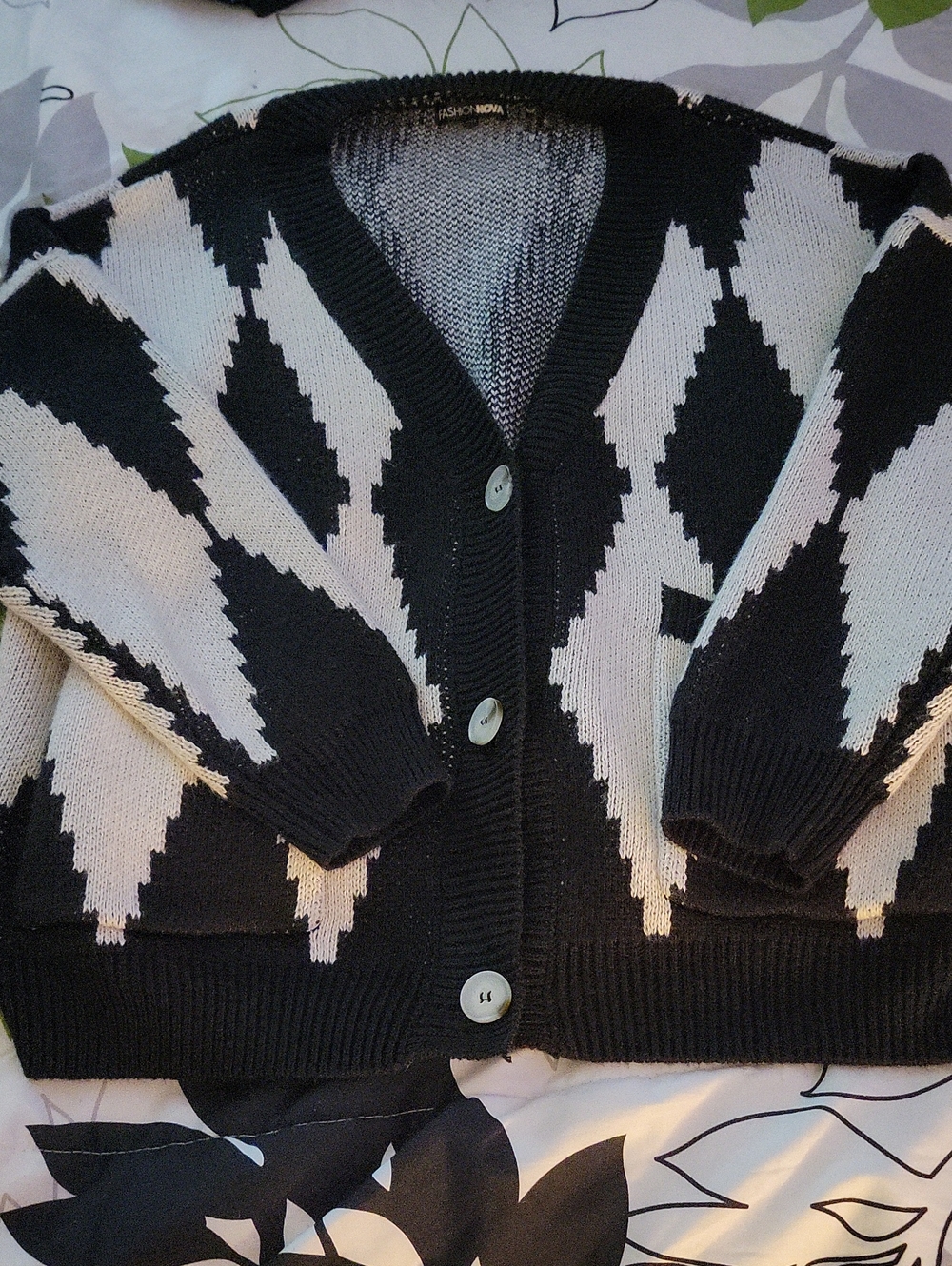 Fashion Nova Black & Cream Geometric Button Cardigan